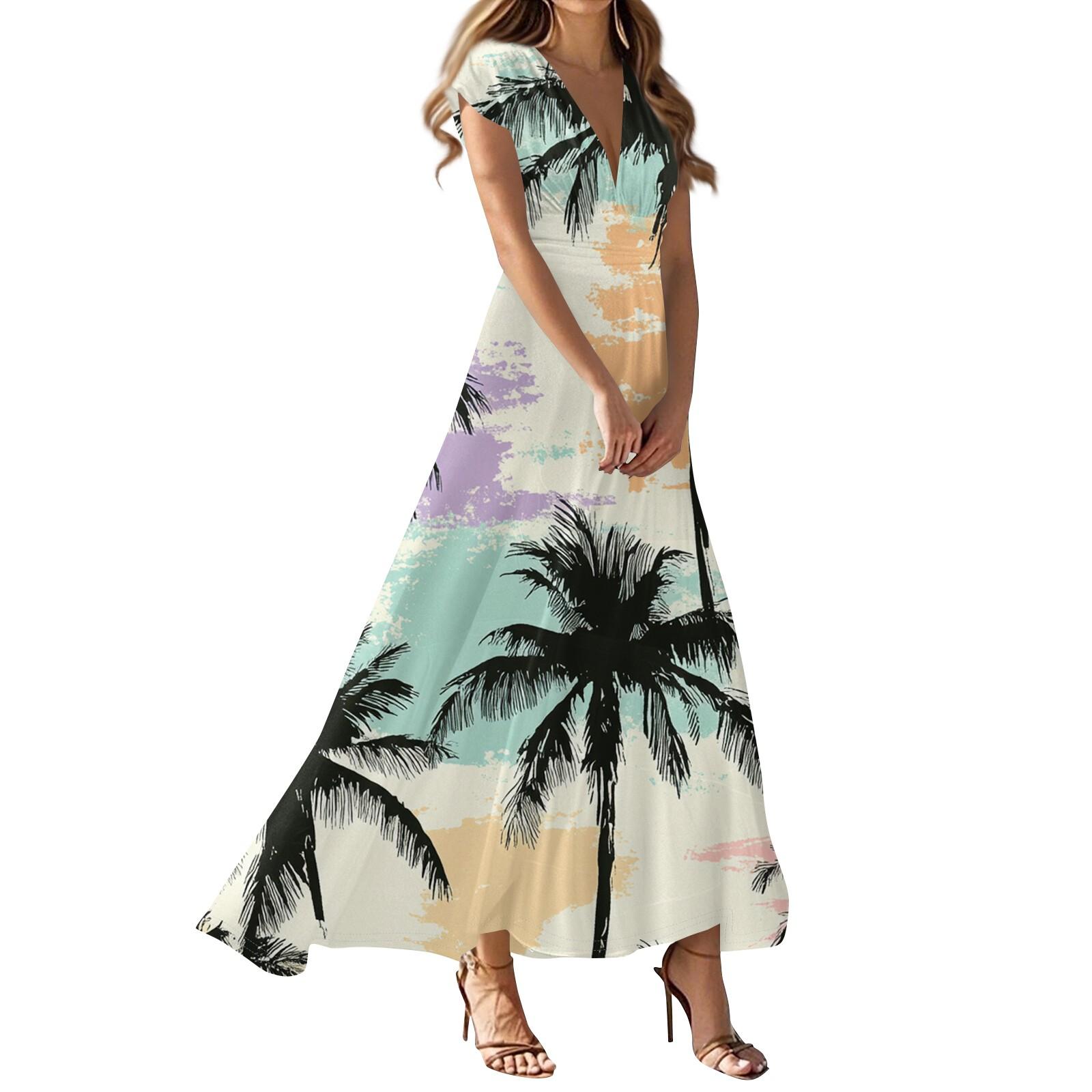 Women s Summer Casual Fashion Beach Printed Dresses V-Neck Short Sleeve Dresses M