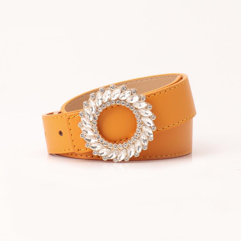 Womens Fashion Pu Leather Belt With Waterdiamond Round Buckle For Elegant Casual Wear