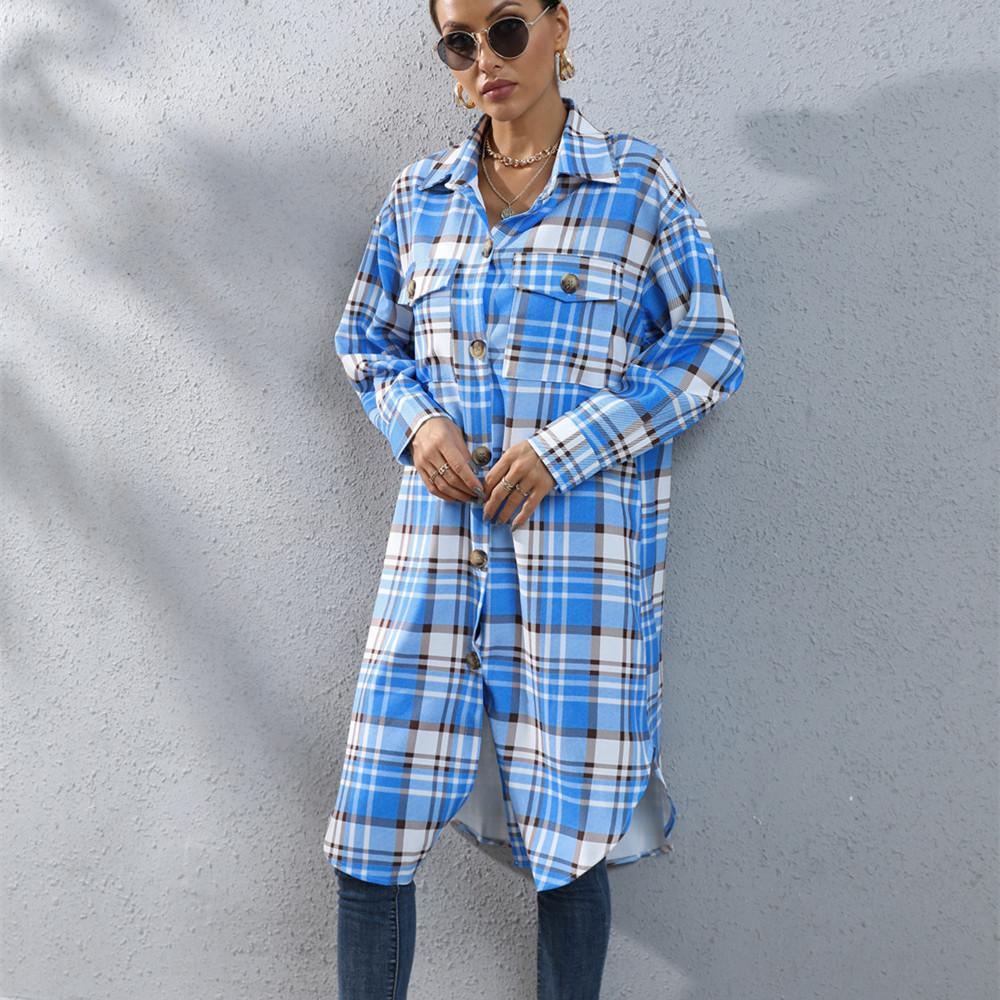 

QICED женские винтажные повседневные повседневные клетчатые куртки и пальто с воротником-поло на осень-зиму с длинными рукавами XL синий