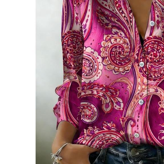 Women's Casual Long-sleeved Button-down Shirt with Bohemian-style Print, Suitable for Weekend Wear