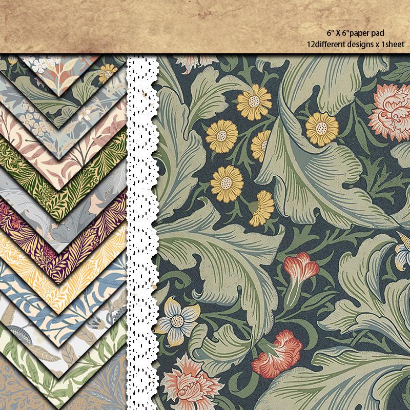 12 Sheets William Morris Patterned Paper with Double-sided Tape, Foldable Stickers, Gift Box Decoration, and Background Pattern