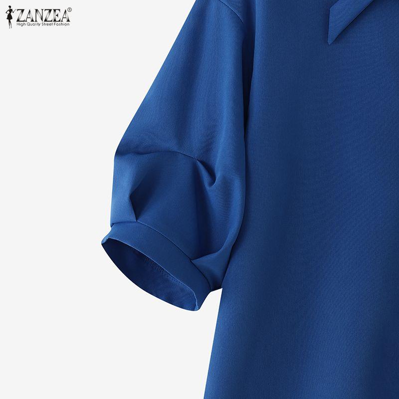 ZANZEA Women Casual Turn Down Collar Short Sleeve Stripe Patchwork Blouse