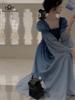 French Vintage Midi Dress Women Long Sleeve Casual Party Elegant Dress Blue Spring Beach One Piece Dress Korean Fashion