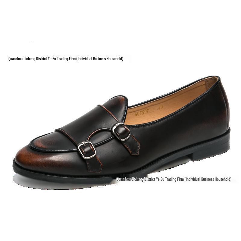 Men's Cross-Border Leather Monk Shoes: Burnished Pointed Toe, British Style for Formal and Casual Wear