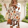 Women Plus Size Round Neck Long Sleeve Halloween Sloth Printed White A Line Dress