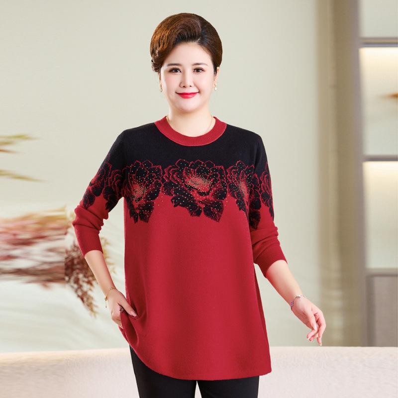 Autumn/Winter Plus Size Wool Pullover for Middle-aged and Elderly Women - Round Neck, Long Sleeve Sweater