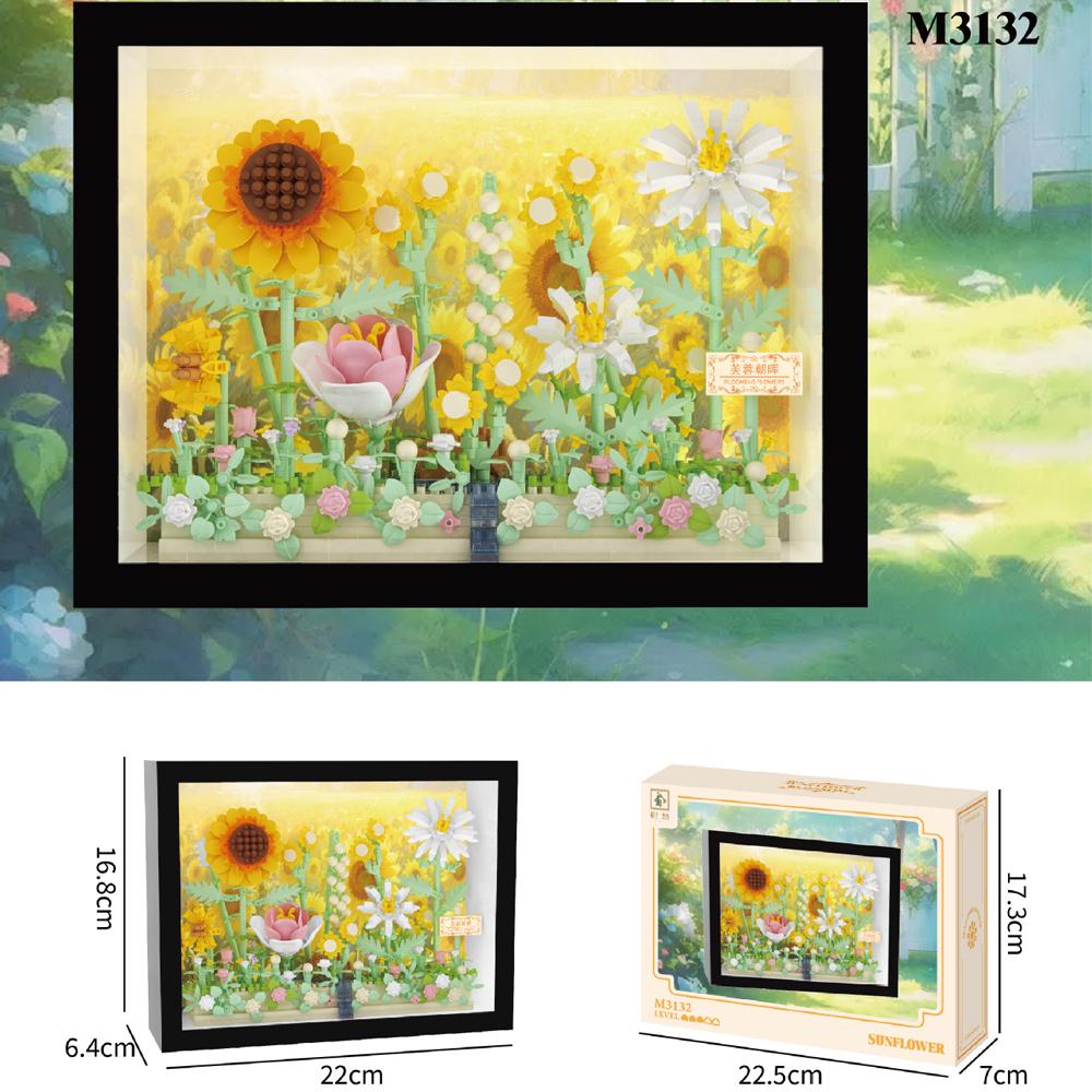 Idea Arts Micro Diamond Block Home Furnishing Nanobrick Flower World 3D Photo Frame Toy Building Brick With Light For Girl Gifts