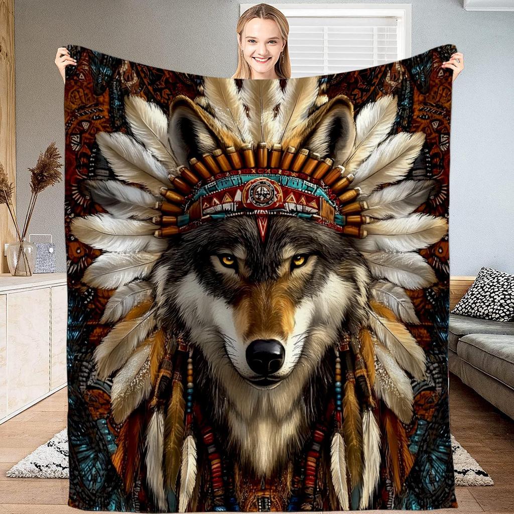 Indian totem wolf pattern digital-printed polyester Bedroom velvet flannel cover blanket Fleece soft cover blankets for beds