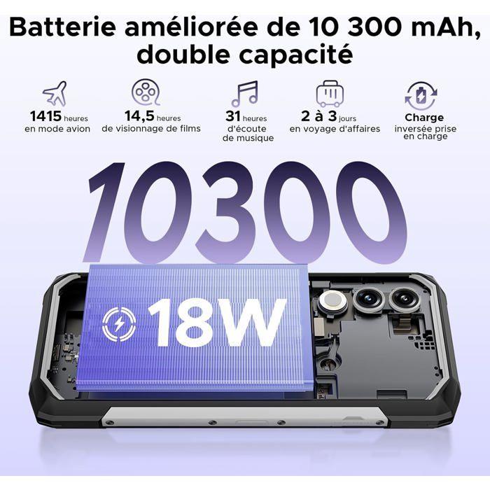DOOGEE Blade 20 Smartphone 20Go+128Go 6,6" HD IPS+ 90Hz Smartphone Incassable Android 15 10300mAh NFC/5G Wifi/GPS/IP68 Argent