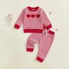 Valentine's Baby Girl Heart Embroidered Striped Hoodie & Pants Set