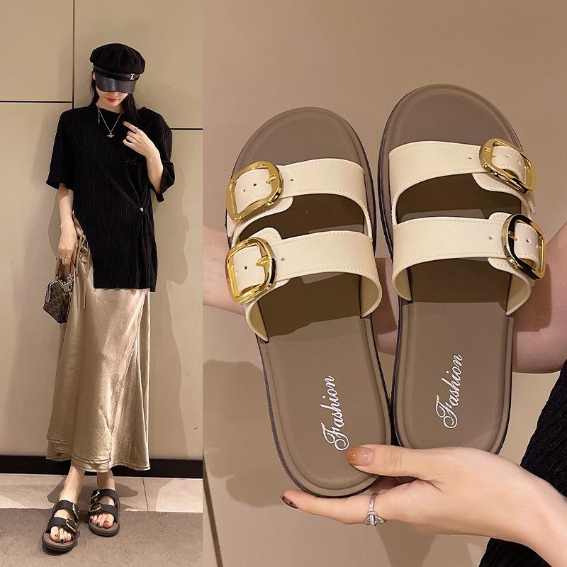 New Retro Soft Sole Flat Belt Buckle Slippers For Women In Summer Beach Anti-slip Sandals