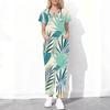Women Plus Size Tropical Leaf Print Scrub Set Cutout Neck Short Sleeve Top With Pockets Long Pants