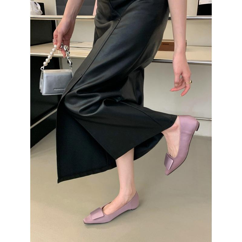 2025 Spring and Autumn New Fashion Versatile Satin Square Head Low Heel Shoes with Skirt Square Buckle Commuter Shoes Women