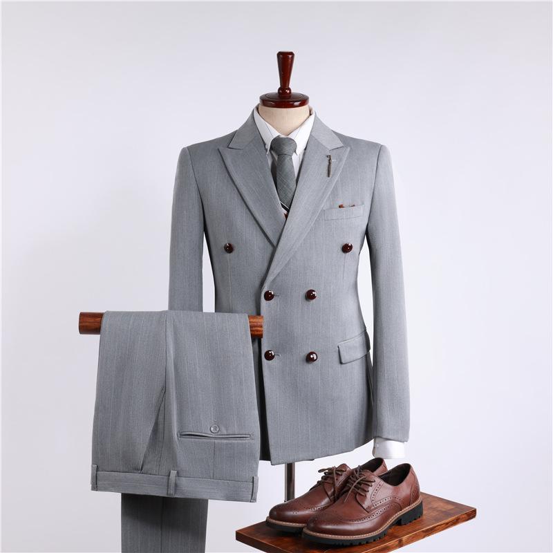 

Men s Grey Striped Double-Breasted Suit Set - Three-Piece Formal Business Attire 46/S (85-100 lbs)