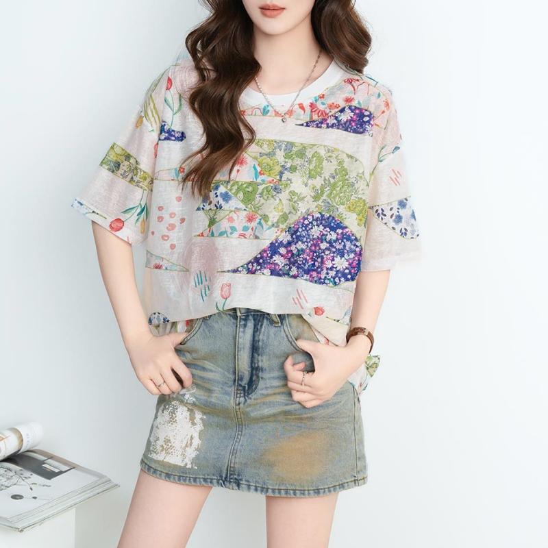DIMANAF 2026 Plus Size Summer Beach Women T-Shirts Casual Lady Tops Tees Shirt Oversize Loose Floral Print Tunic Knitted
