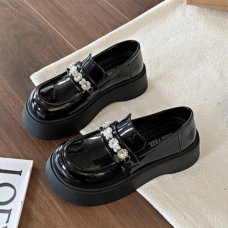 

2025 Женские повседневные туфли с круглым носком на толстой подошве и среднем каблуке в британском стиле Весенние новинки для активного отдыха и спорта 35 чёрный