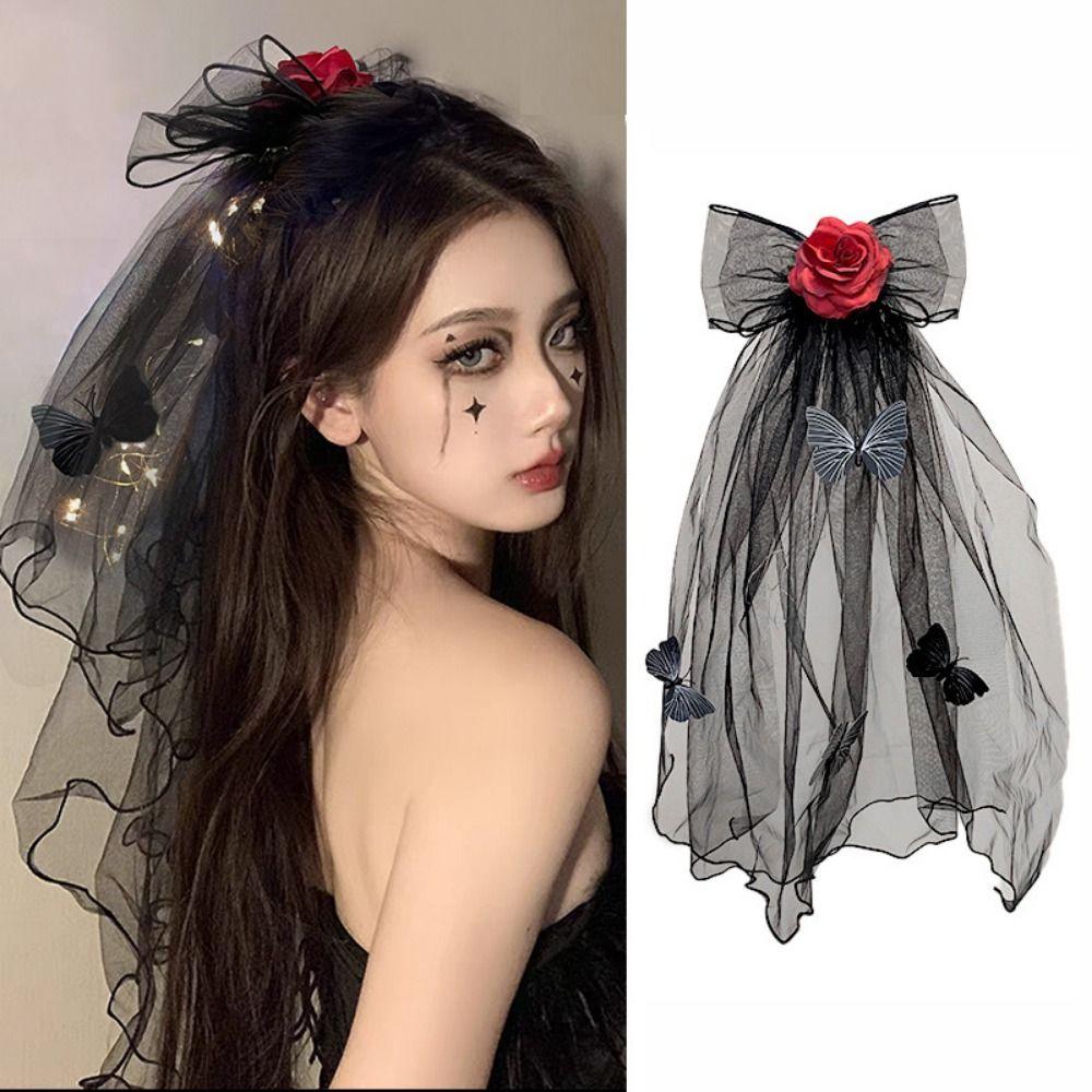 Gothic Style Luminous Head Crown Lace Veil Rose Hair Hoop Halloween Veil Headband  Holiday Decor