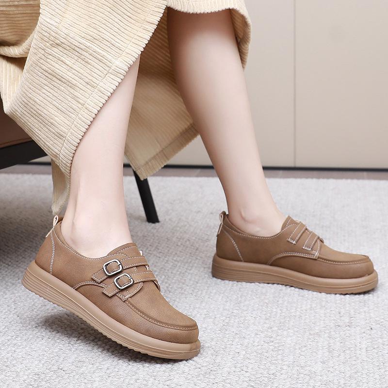 Women's British Style Retro Leather Flats - Casual Spring/Autumn Shoes