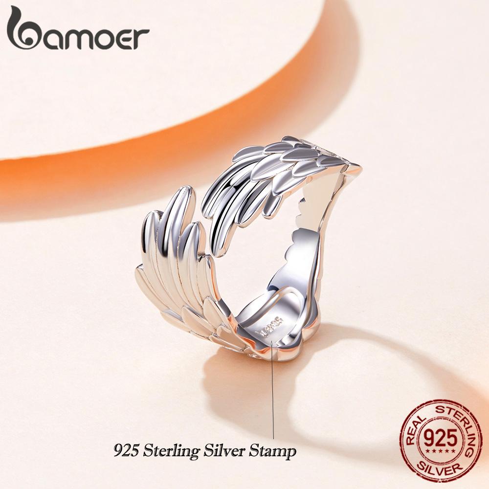 Bamoer 925 Silver Guardian Wings Open Ring Angel Wing Adjustable Finger Ring for Women Fashion Statement Jewelry SCR512