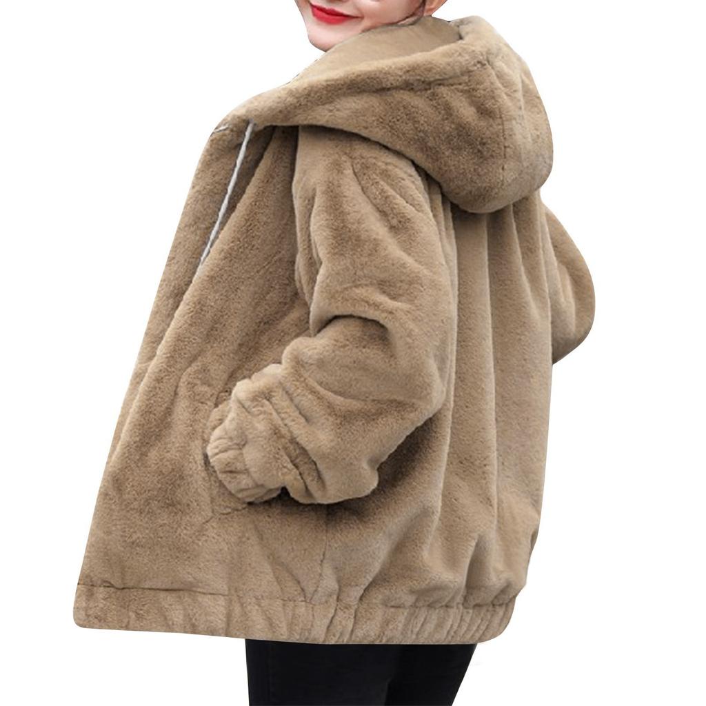 Plush Faux  Hooded Pocket Jacket For Women's Loose Plush Long Sleeved Women's Top