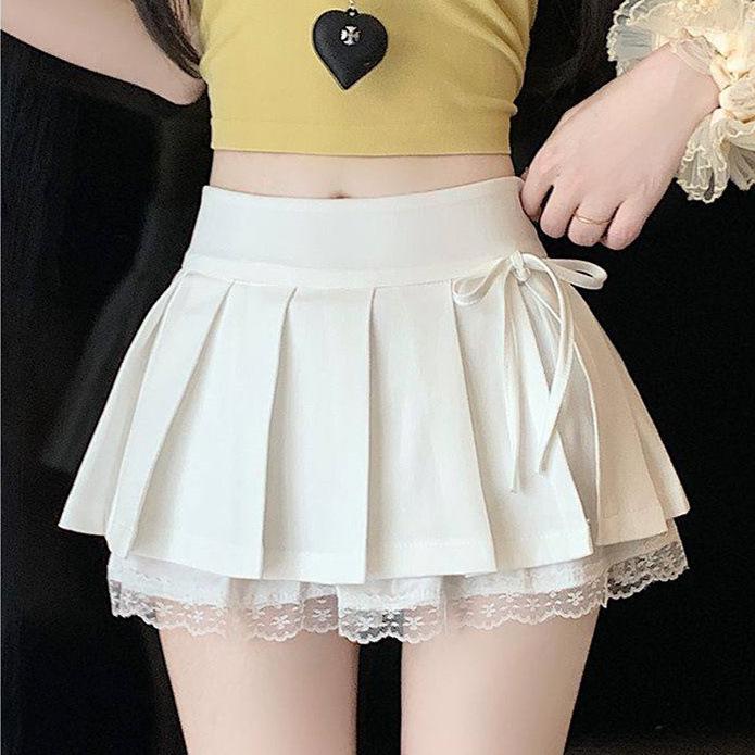 Spicy Girl Grey Lace Pleated Mini Skirt with Split Bow Detail