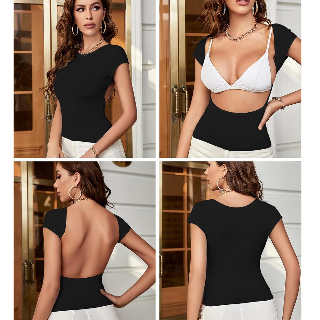 Women's Sexy Open Back Short Sleeve Slim Round Neck Casual Open Navel T-shirt