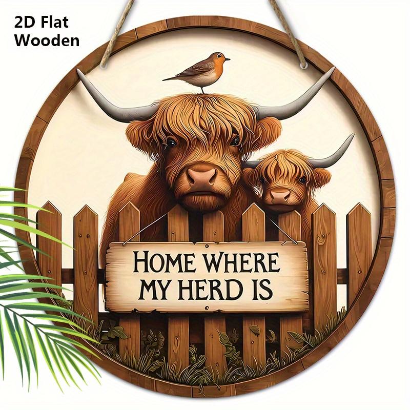 

Деревянная приветственная табличка с дизайном шотландской высокогорной коровы - Рустикальная декоративная табличка для фермерского дома, входной двери, декора крыльца - Идеальные подарки для семьи 20cm/7.87in коричневый