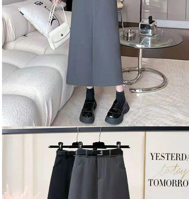 Women's Gray Midi Skirt - 2024 Spring/Autumn Collection: High Waist, Slimming Draped A-Line with Slit.