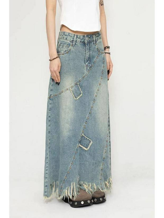 

Женская весенняя джинсовая миди-юбка А-силуэта с высокой посадкой и необработанным краем, 2025 Medium синий