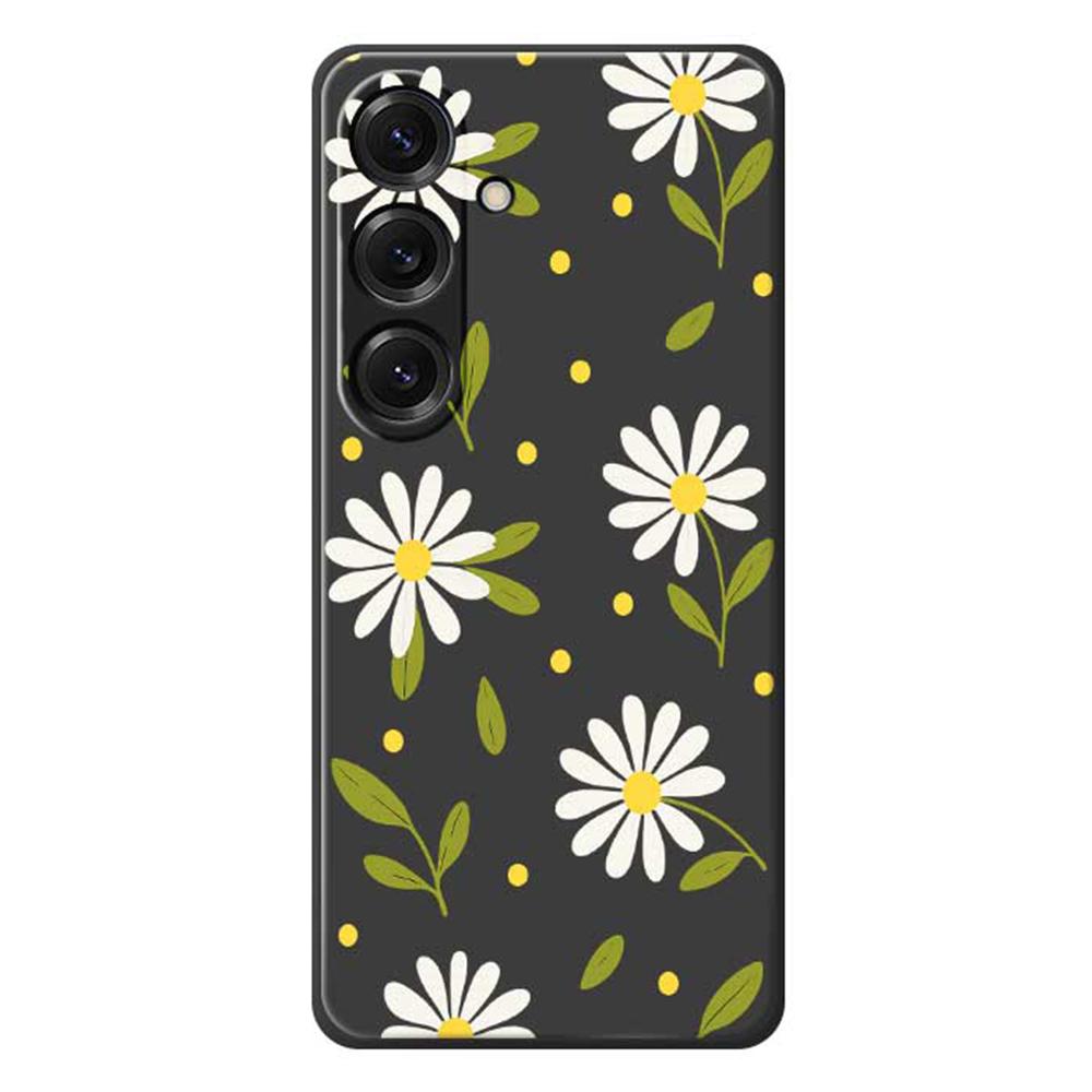 

For Samsung Galaxy S25 Case White Flowers Green Leaves Pattern Printing Straight Edge TPU Phone Back Cover Black
