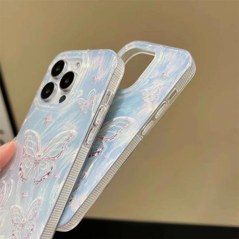 Funda para teléfono con patrón de concha láser de pluma de mariposa coreana para iPhone 15 13 Pro Max 14 Pro 12 11 Cubierta de lujo con purpurina
