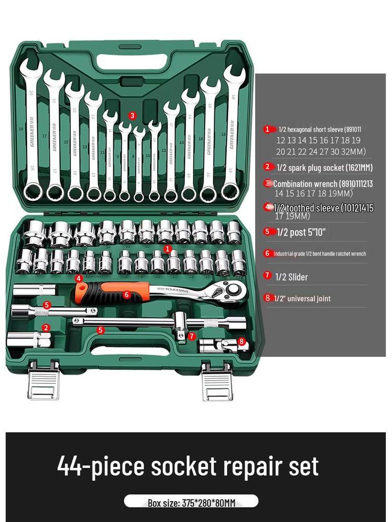 Green Forest Auto Repair Tool Set: Socket Wrench, Ratchet, Combination Tool Box.