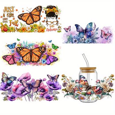5pcs Cup Stickers - Floral & Butterfly Design Waterproof, Scratch-Resistant Crystal Finish Decals For 16Oz Glasses, Self-Adhesive, 9.45X4.33 Inches