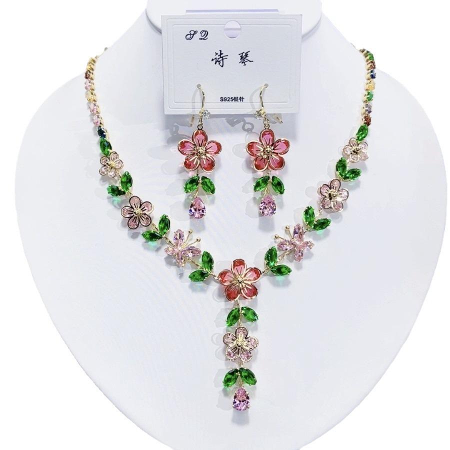 Trendy Zircon Luxury Necklace Earrings Set Color Heavy Industry Premium Peach Blossom Necklace