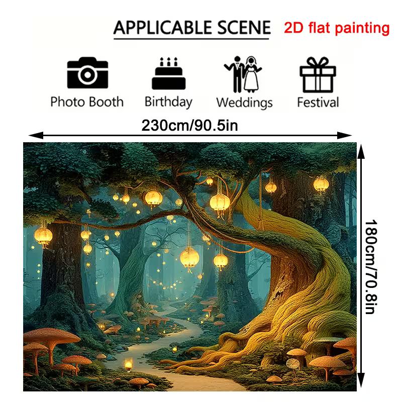 2D Fairy Tale Forest Wall Decor, Glowing Lanterns on Ancient Tree Tapestry