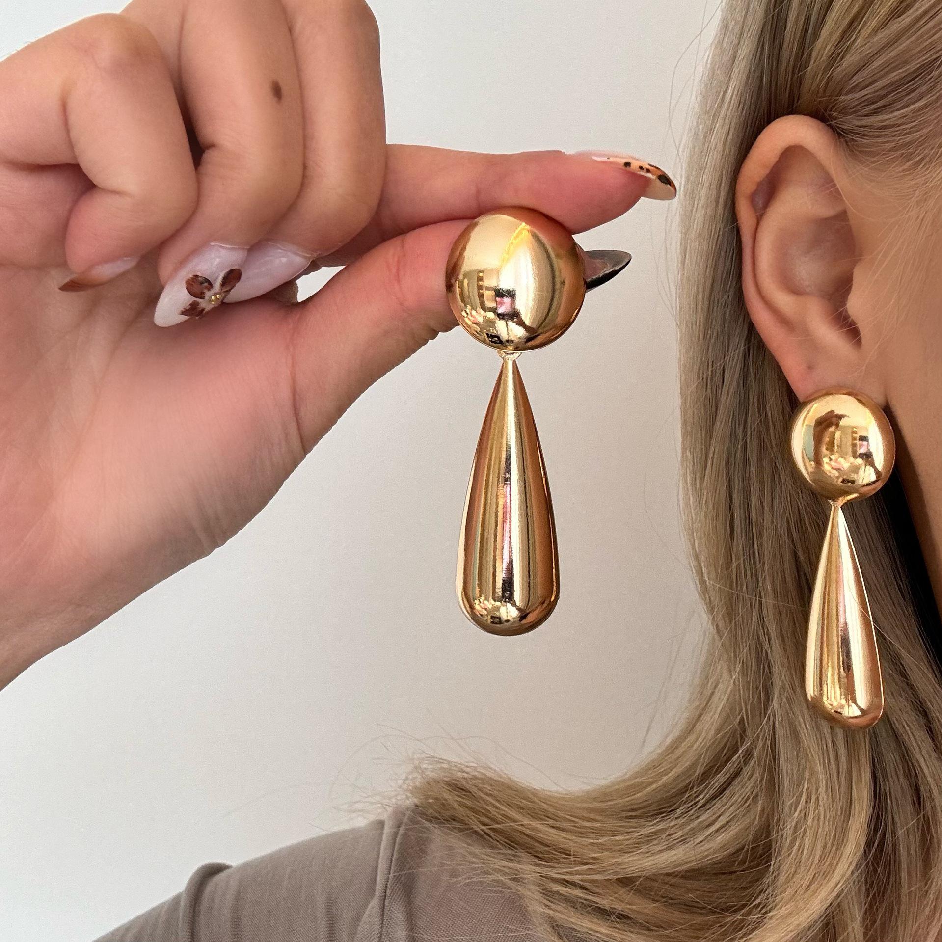 Cross-border Geometric Drop Earrings: Bold Metal Style with Bright Oval and Water Drop Design