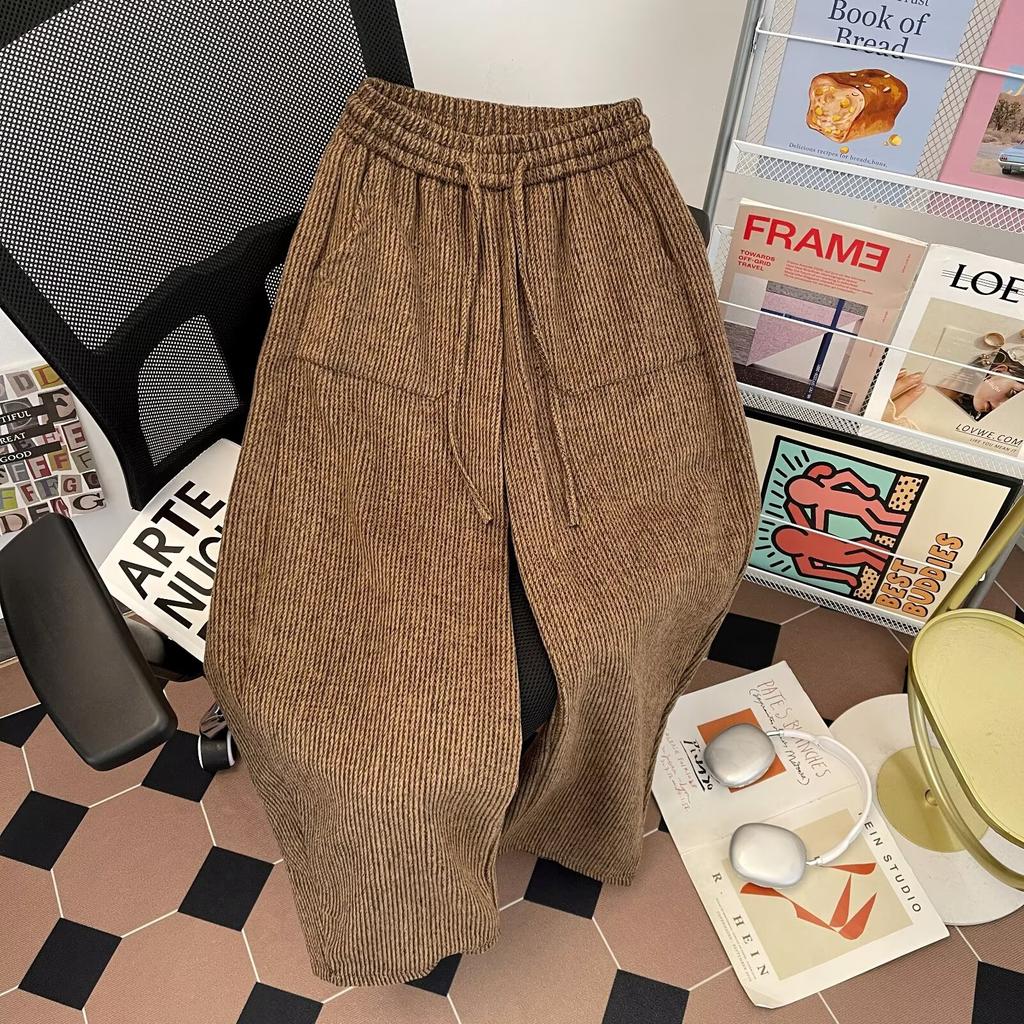 Multi-pocket drawstring sweatpants men's and women's thin wide-legged loose and lazy style versatile corduroy casual trousers