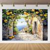Banner Background with Lemon Tree Harvest Theme and Mediterranean Landscape Garden, Anniversary Room Decoration, Photo Backdrop