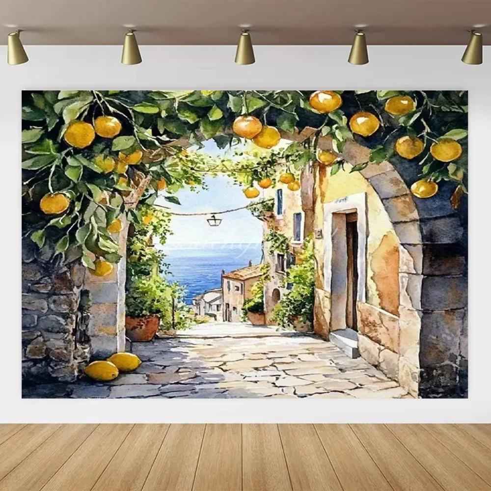 Banner Background with Lemon Tree Harvest Theme and Mediterranean Landscape Garden, Anniversary Room Decoration, Photo Backdrop