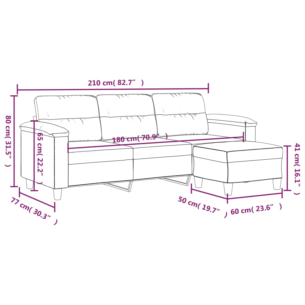 Vidaxl 3-Os. Sofa Z Podnóżkiem, Kremowa, 180 Cm, Obita Mikrofibrą