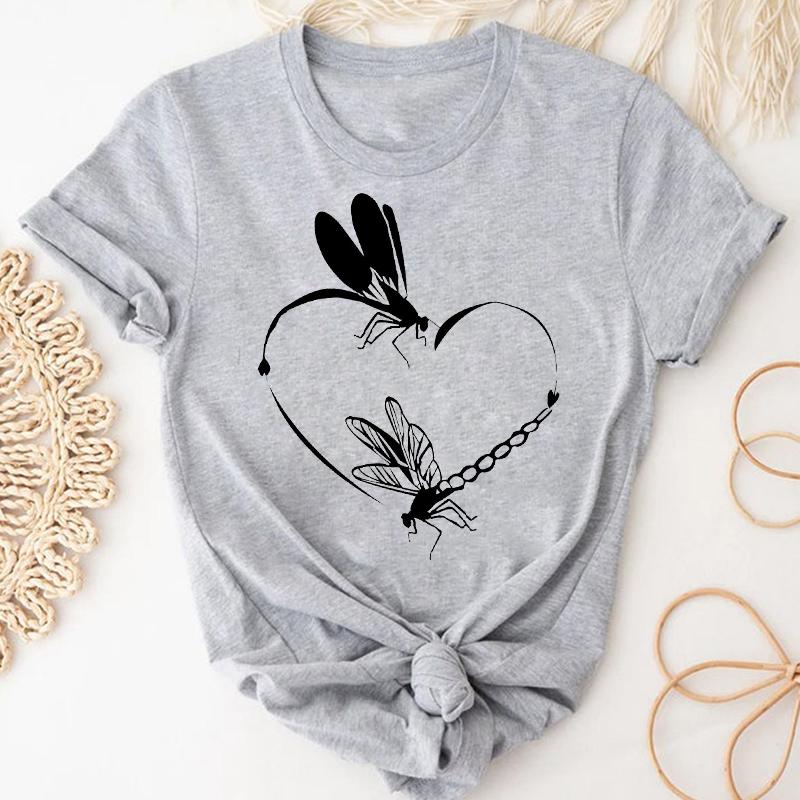 (Asian Size) Dragonfly Dandelion Plant Short Sleeve Women Print Tee Top Summer Fashion Tshirt  Lady Female Clothing Casual Graphic T-shirt