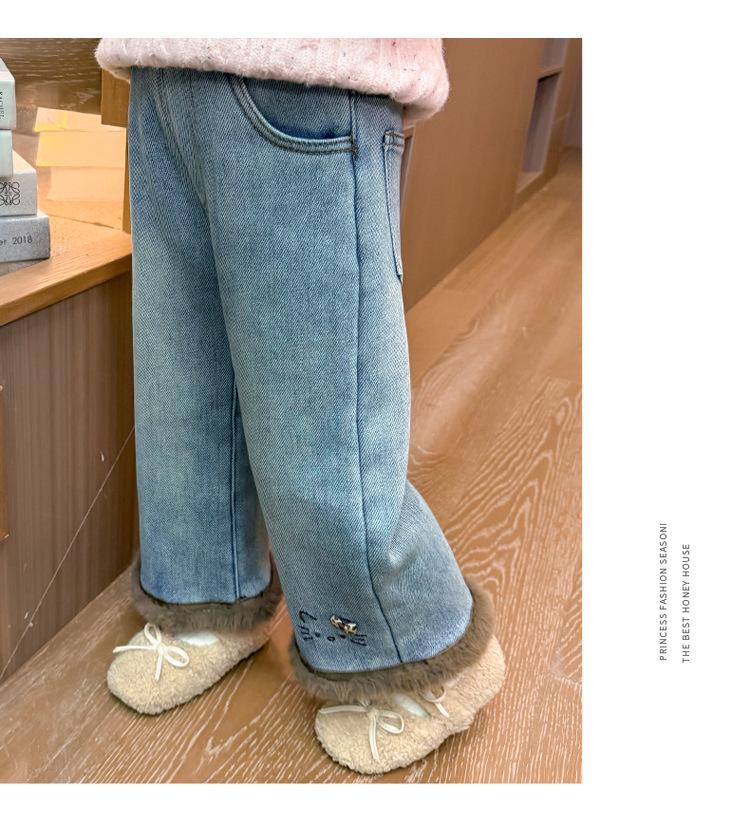 Flickors fleecefodrade kattbyxor: Vinter 2025 Raka Jeans