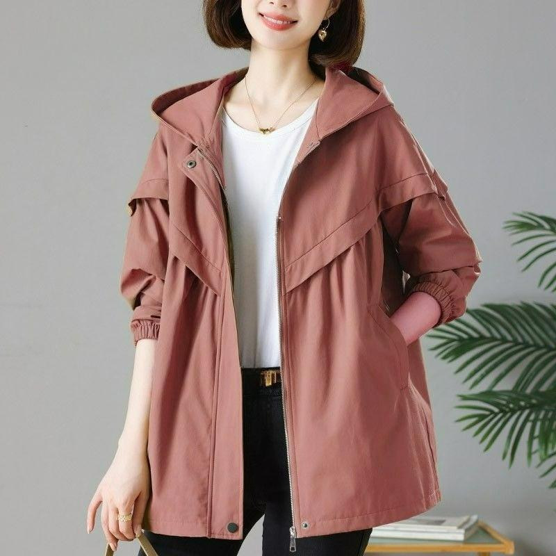 Windbreaker Jacket Women's Spring and Autumn Casual All-match Large Size Loose Hooded Mid-length Jacket Women's Clothing