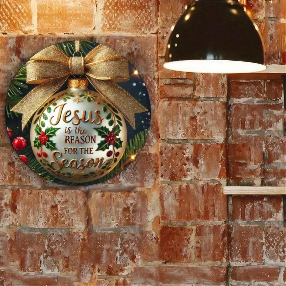 Christmas Metal Tin Sign Jesus Is The Reason For The Season Round Wall Art Holiday Decor With Wreath 8x8 Inch Gift