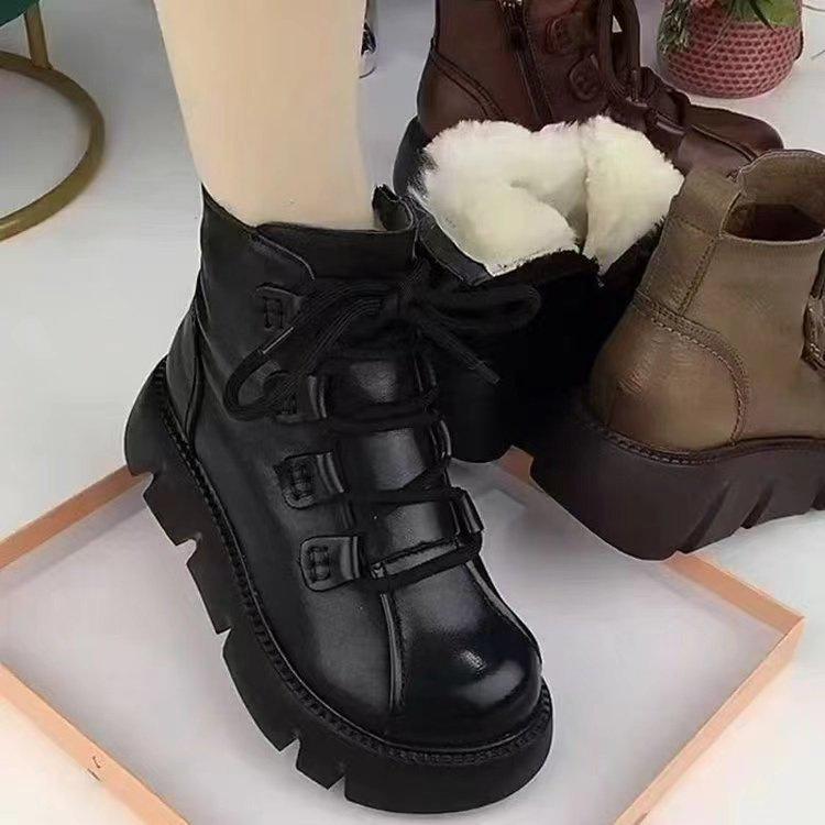 Soft Leather Soft Sole Women's Thick-soled Cotton Boots Autumn and Winter New Martin Boots Retro Zipper Medium and Short Boots