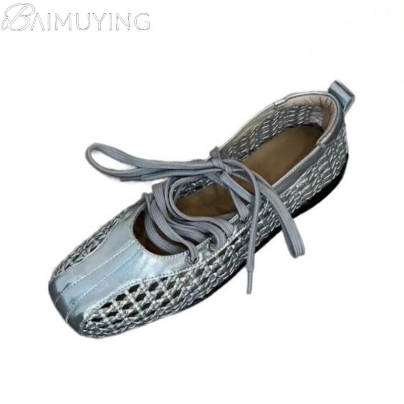 Lace-Up Flats Ballet Shoes Square Toe Weave Women Sandals Sport Casual Sneaker 2025 Trend Summer Shallow Soft Leather Sandalias