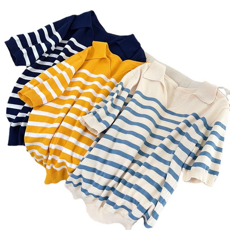 

POLO Collar Striped Knitted Short-sleeved Summer New Loose and Versatile Slim Pullover Short-sleeved Cotton Top S