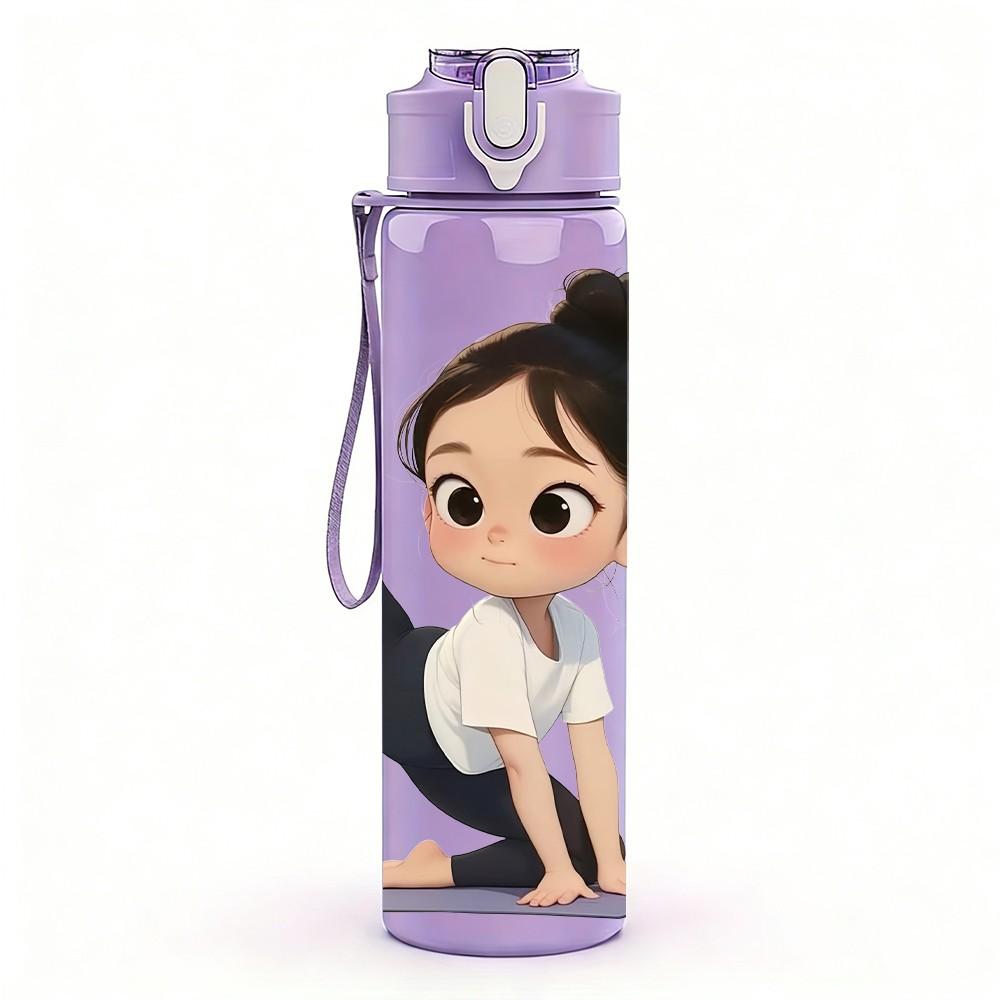 1PC Little Girl Stretch Yoga Pose Print 750ml Color Plastic Sports Water Bottle Leakproof Flip Straw Lid Suitable for Sports Office Home Use