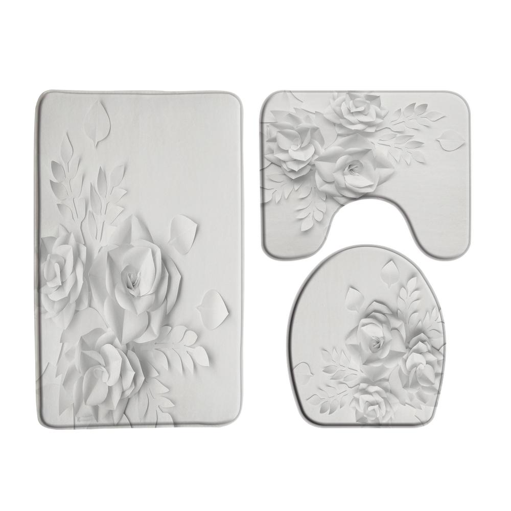 Elegant Bukett Av Fantastiska Vita Blommor 3D-stil Duschdraperi Badrumsgardin Med Badrumsmatta Mattset Blommig Heminredning