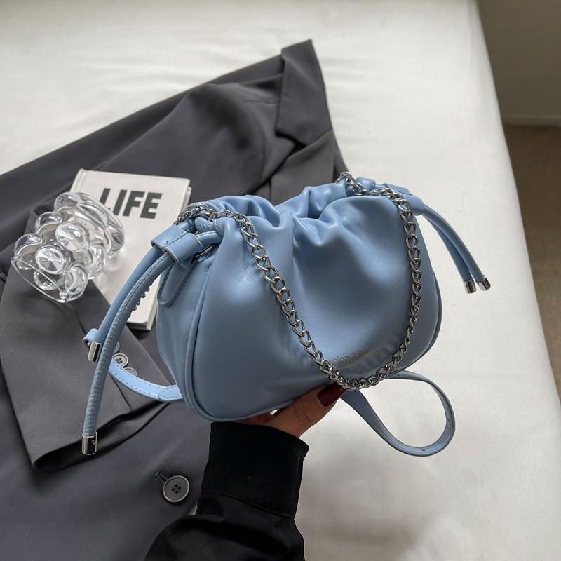 IELGY All-Match Bucket Bag Niche Design Chain Cross-Body Pleated Bag